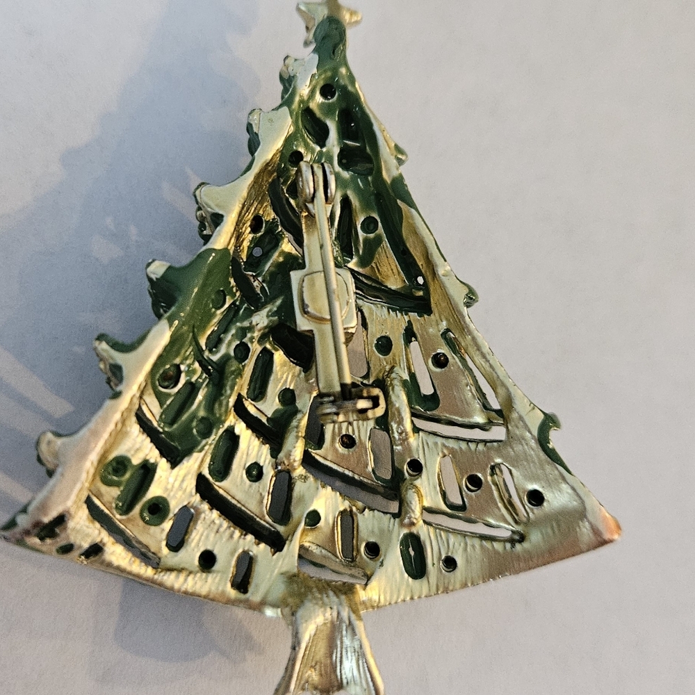 Christmas Tree Brooch Pin Enamel Rhinestones - Picture 7 of 9